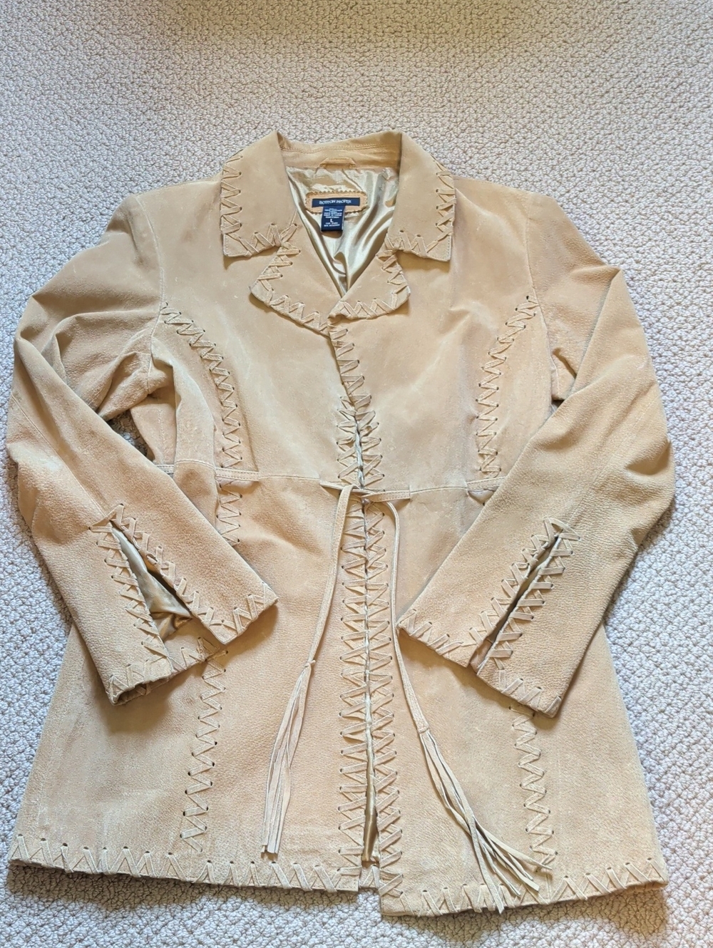 Boston Traders Tan Suede Fringe Tie-Waist Whip Stitch Leather Jacket
